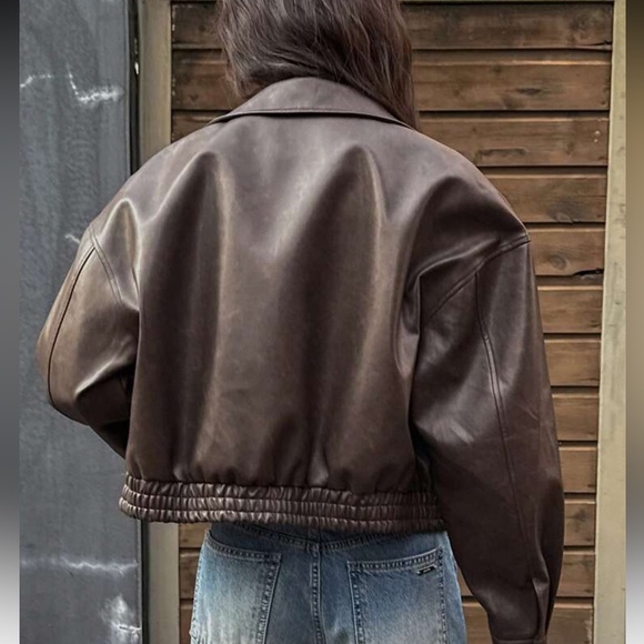 Vegan leather chocolate brown bomber jacket collared zip up vintage style - Picture 4 of 5